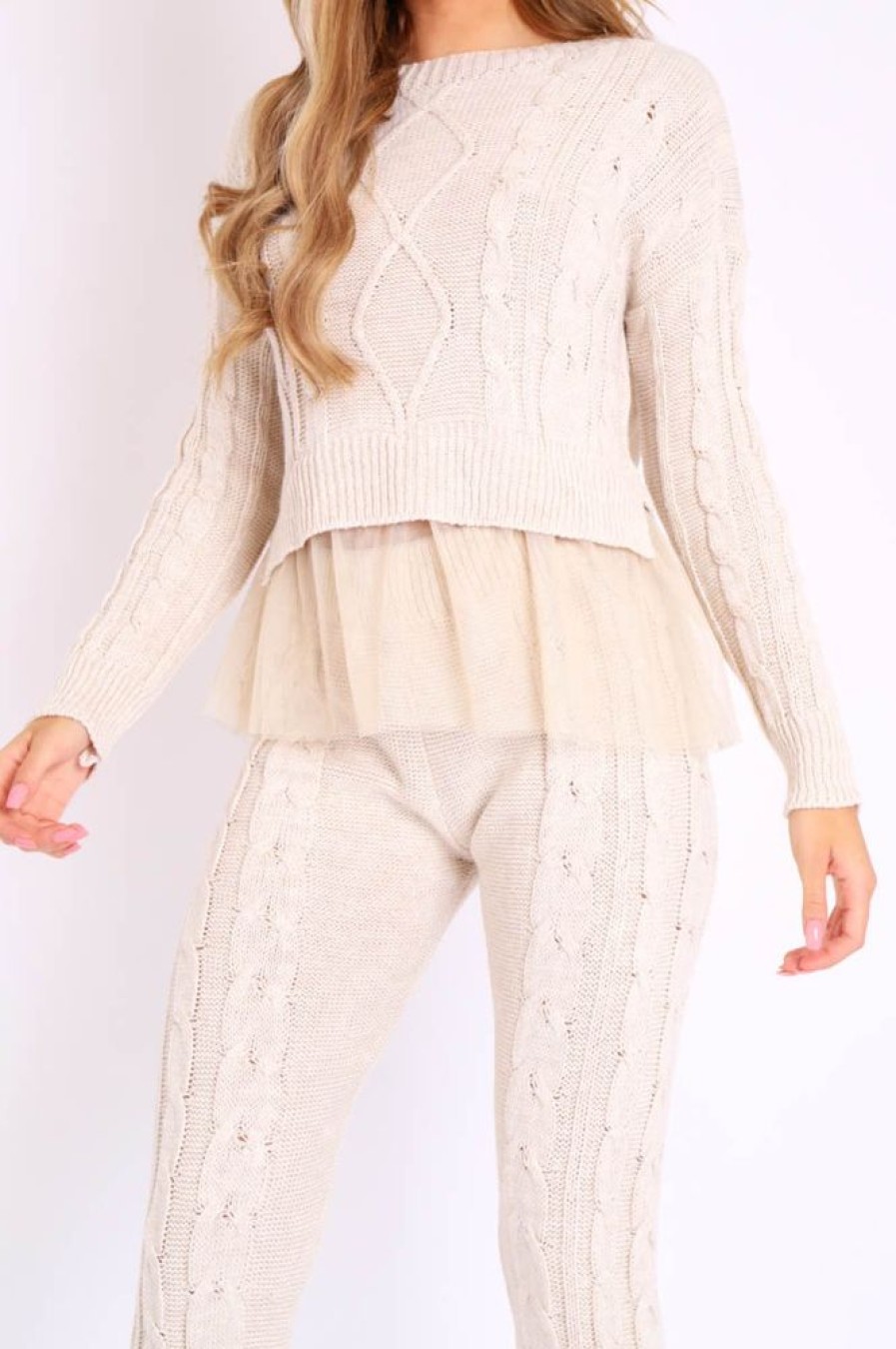 Clothing Rebellious Fashion | Beige Mesh Insert Jumper And Leggings Co-Ord - Laurie