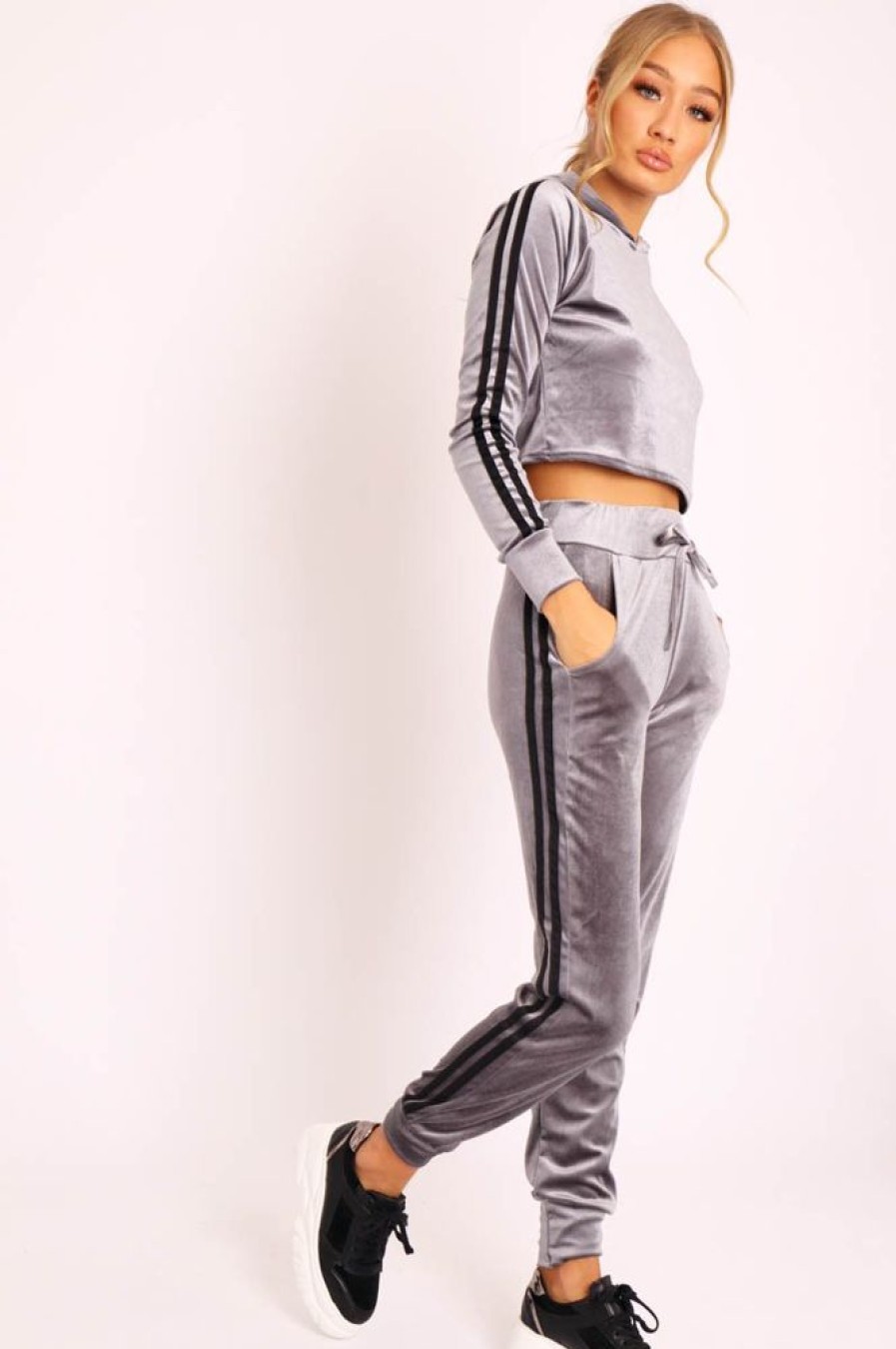 Clothing Rebellious Fashion | Grey Black Stripes Velvet Hoodie And Joggers Co-Ord - Matie