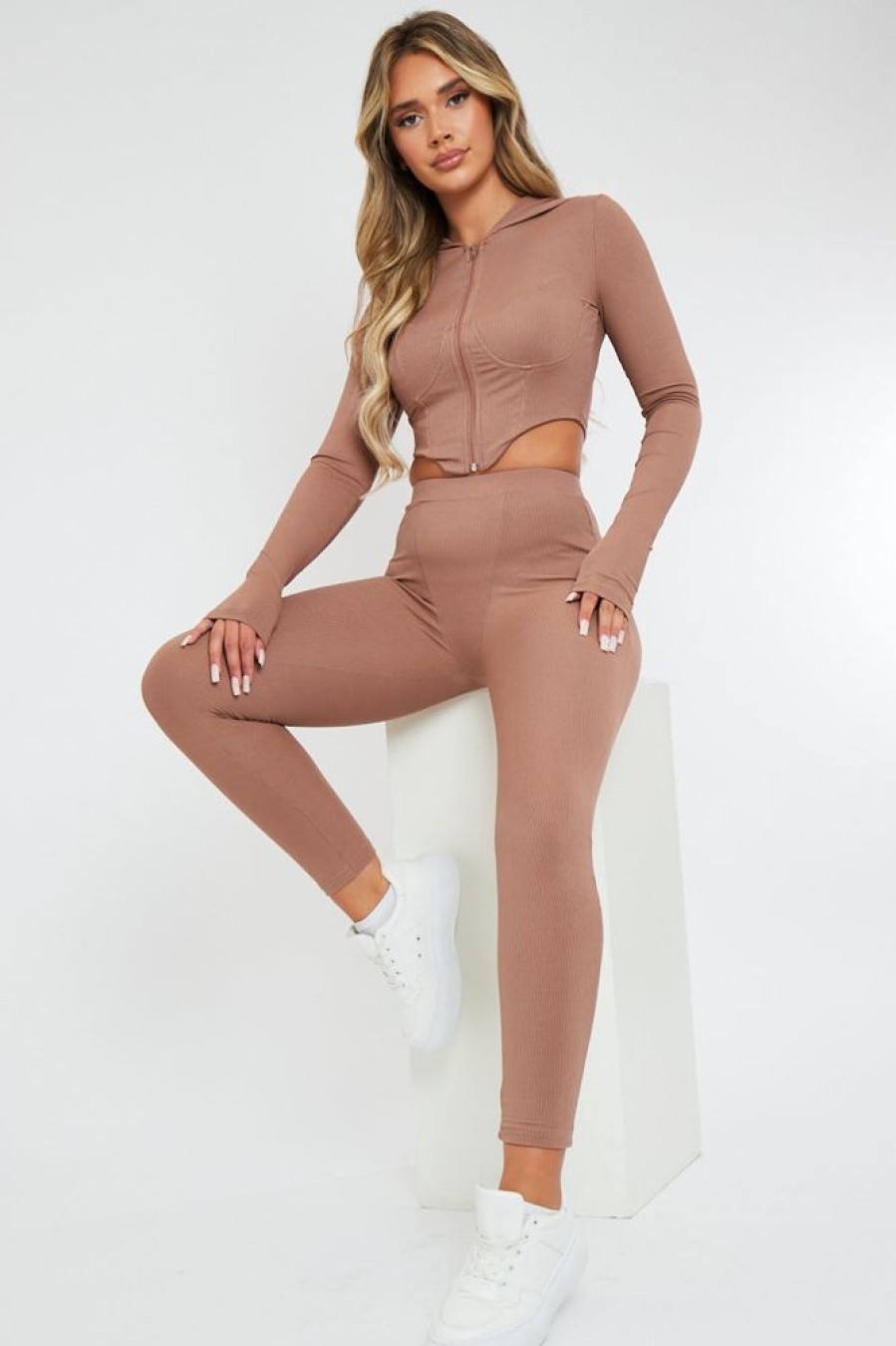 Clothing Rebellious Fashion | Beige Ribbed Corset Style Hoodie & Leggings Set - Navah