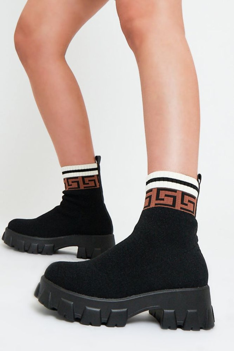 Shoes Rebellious Fashion | Black Patterned Ankle High Chunky Sole Sock Boots - Bana