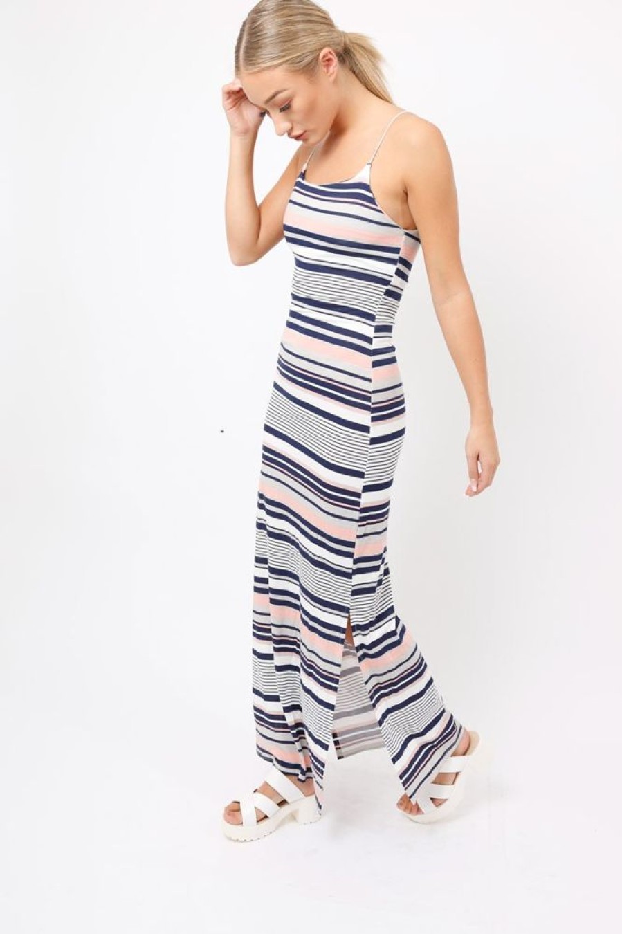 Clothing Rebellious Fashion | Navy & Grey Striped Maxi Dress - Kiah