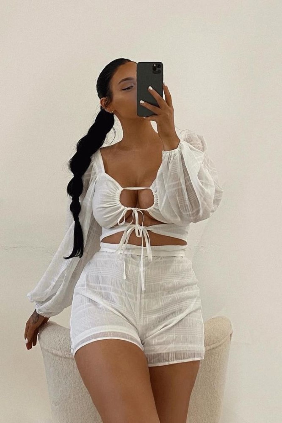 Clothing Rebellious Fashion | White Front Cut Out Long Sleeve Playsuit - Cami