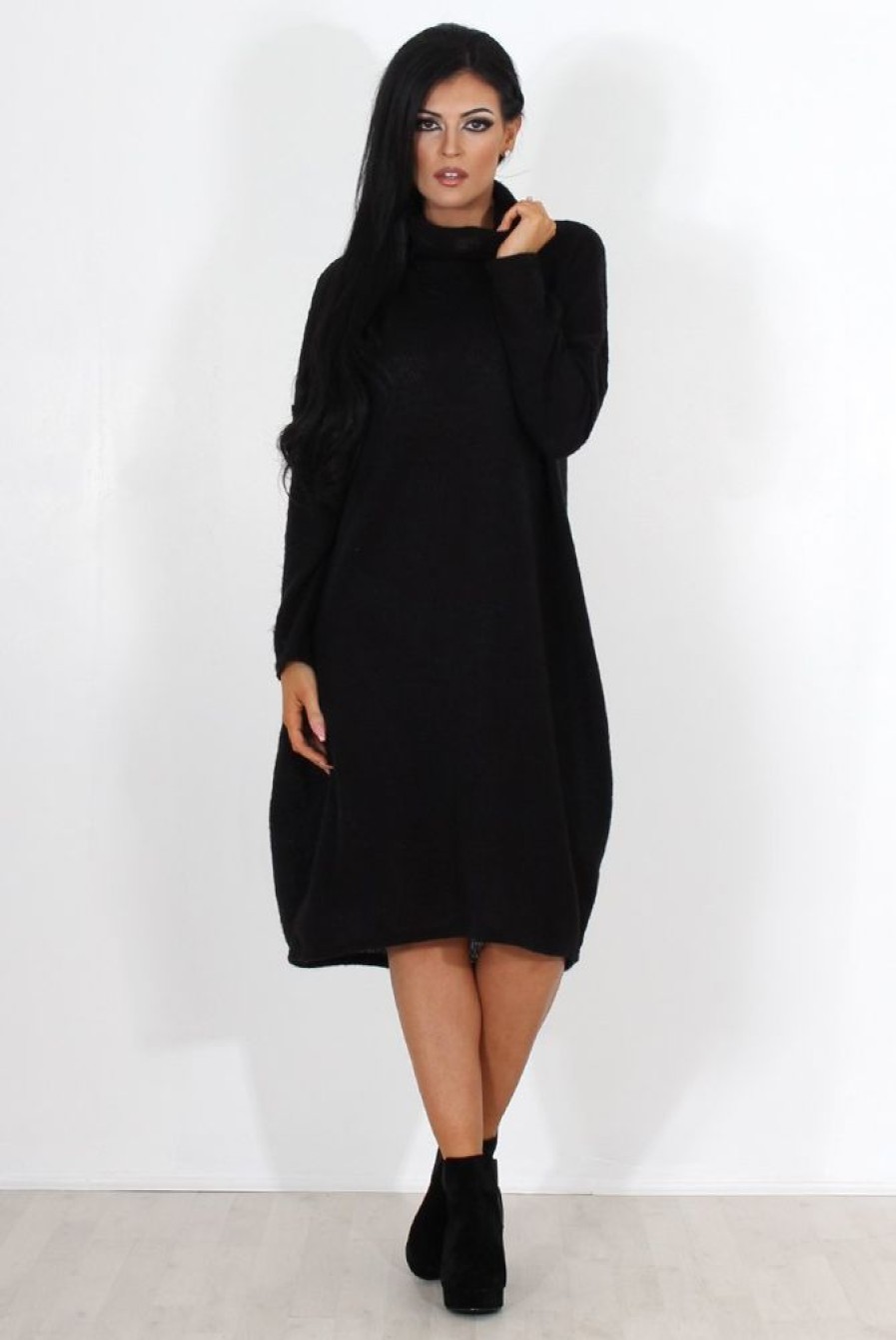 Clothing Rebellious Fashion | Charley Black Cowl Neck Oversized Jumper Dress