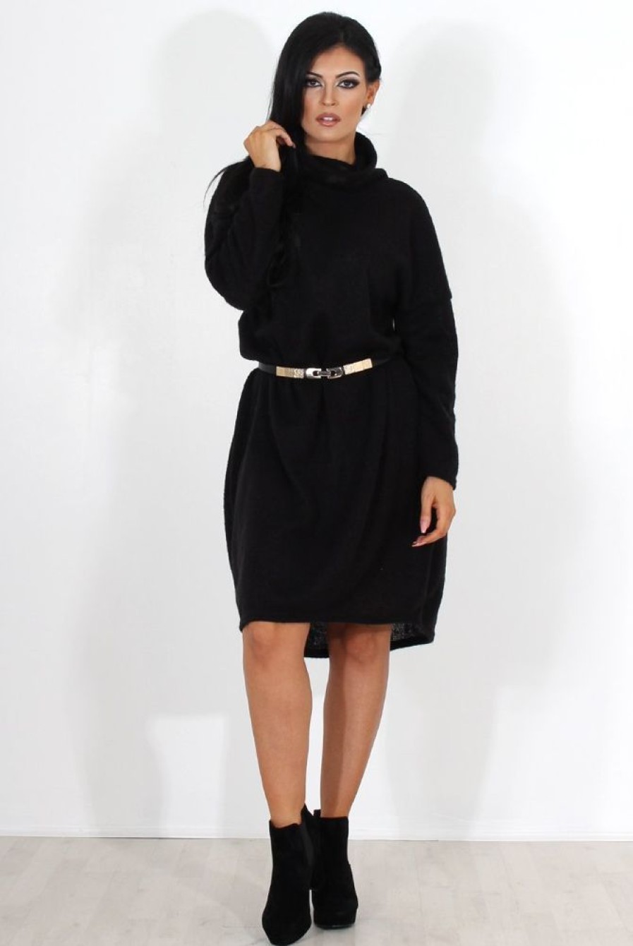 Clothing Rebellious Fashion | Charley Black Cowl Neck Oversized Jumper Dress