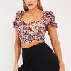 Clothing Rebellious Fashion | Wine Floral Puff Sleeve Crop Top - Ellorie