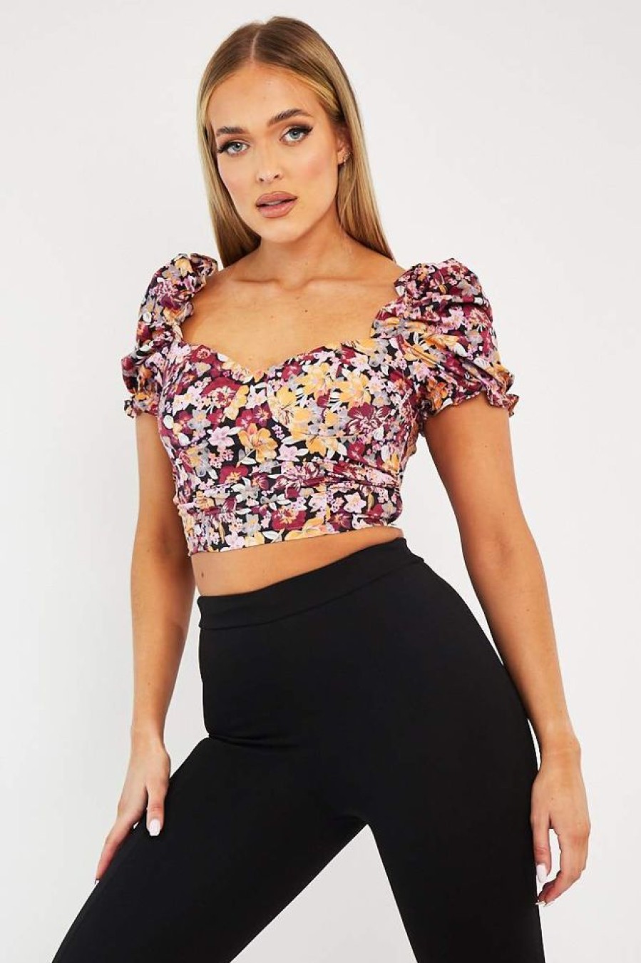 Clothing Rebellious Fashion | Wine Floral Puff Sleeve Crop Top - Ellorie