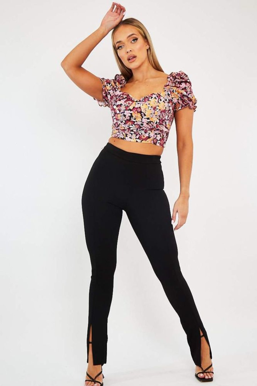 Clothing Rebellious Fashion | Wine Floral Puff Sleeve Crop Top - Ellorie