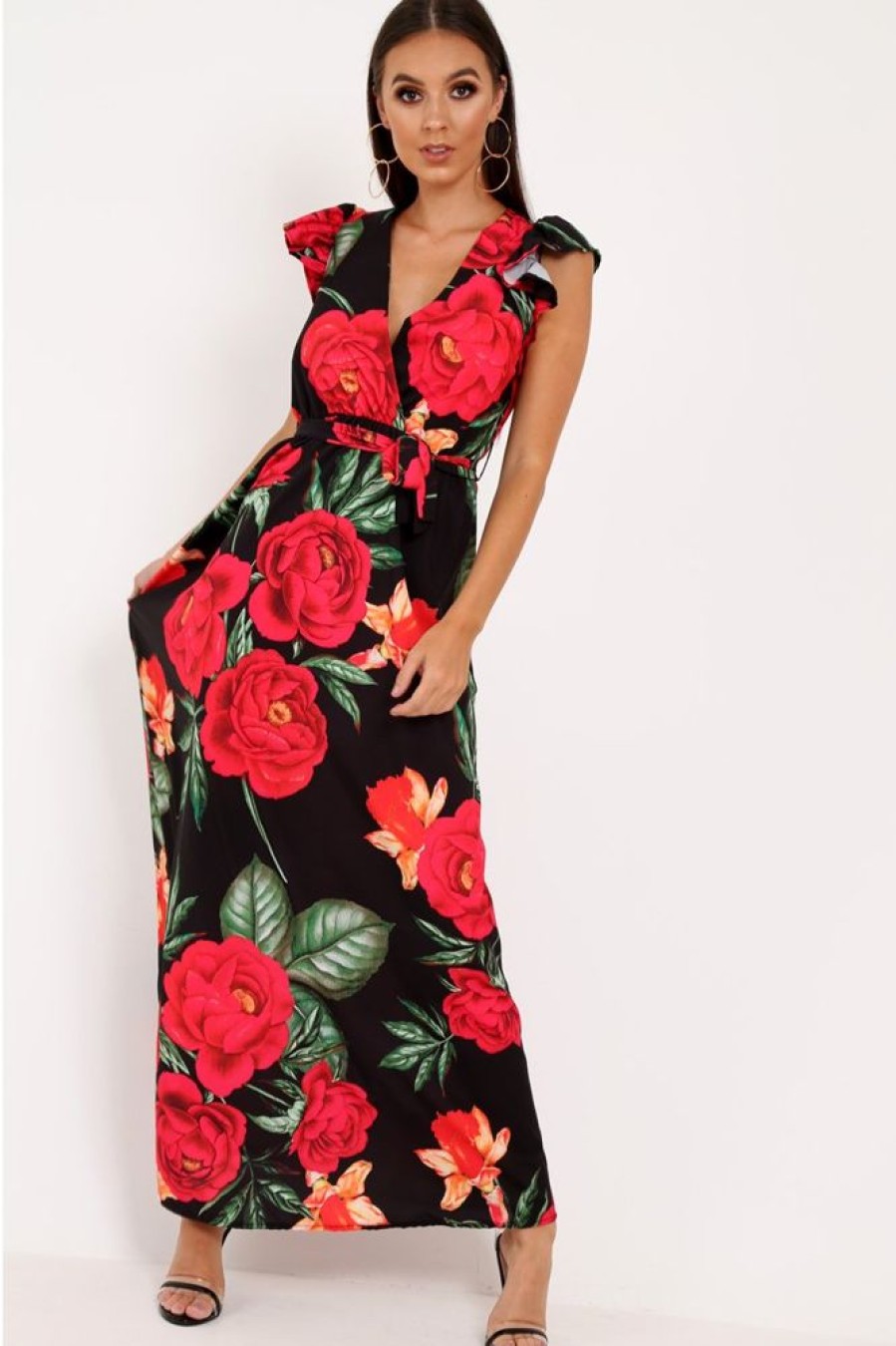 Clothing Rebellious Fashion | Black Floral Frill Sleeve Maxi Dress - Persia