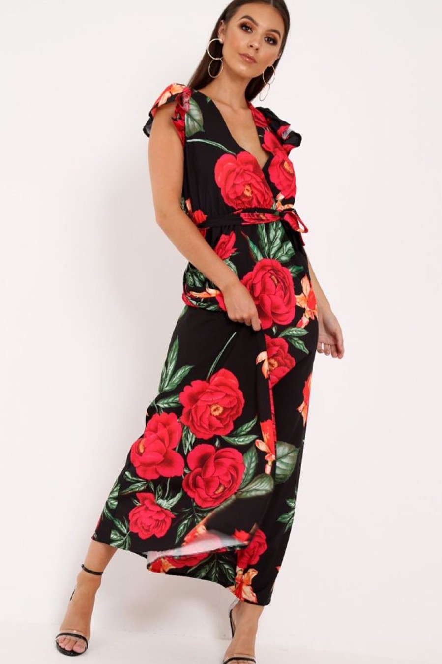 Clothing Rebellious Fashion | Black Floral Frill Sleeve Maxi Dress - Persia