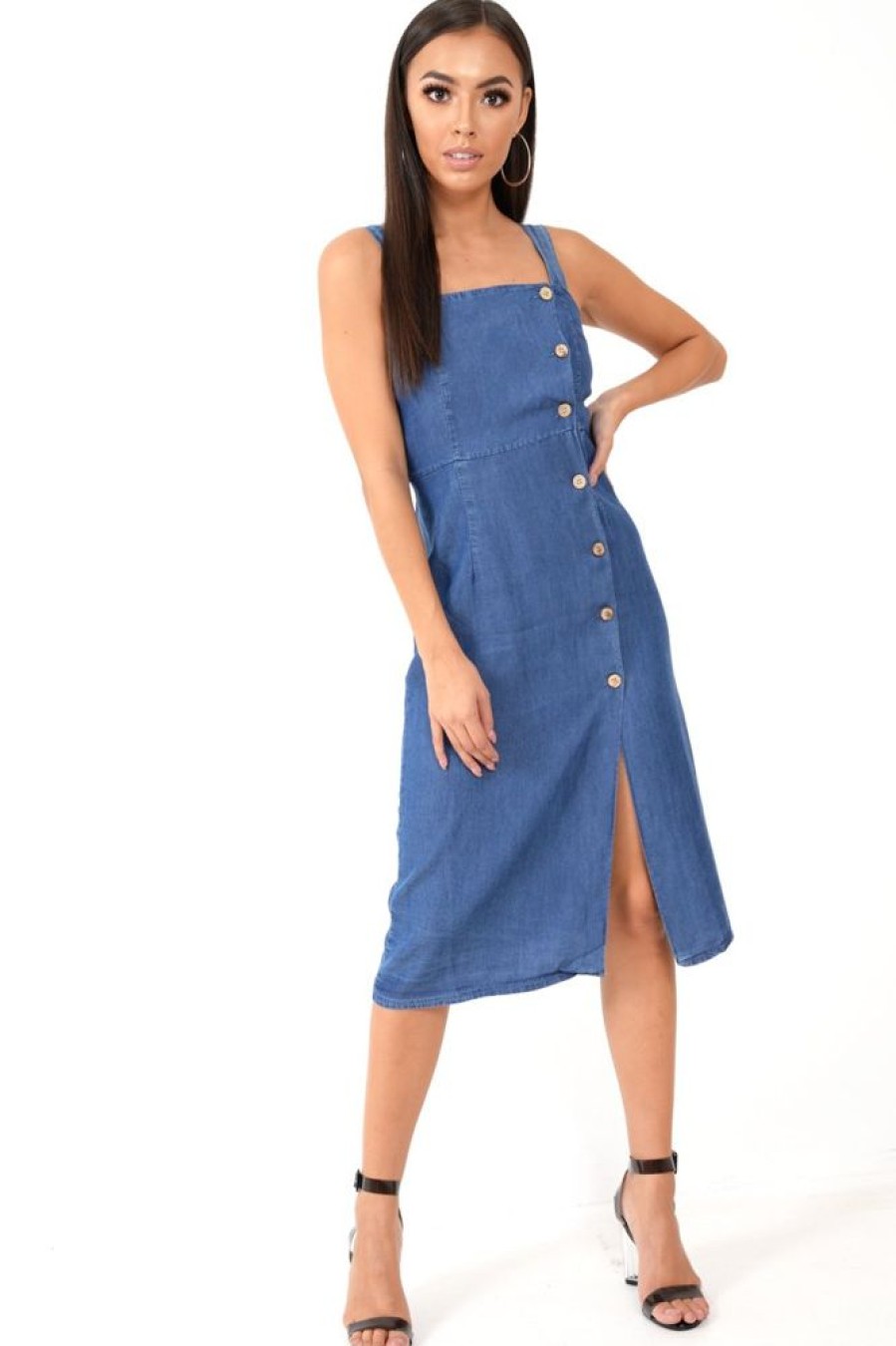 Clothing Rebellious Fashion | Denim Button Front Wide Strap Midi Dress - Raffaella