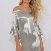 Clothing Rebellious Fashion | Grey Silver Metallic Bardot Bell Sleeve Open Back Dress - Cairo