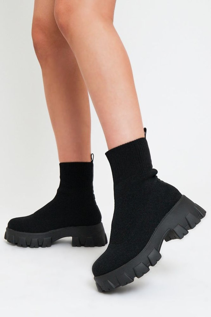 Shoes Rebellious Fashion | Black Ankle High Chunky Sole Sock Boots - Bana