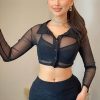 Clothing Rebellious Fashion | Black Button Up Mesh Crop Top - Bonnie