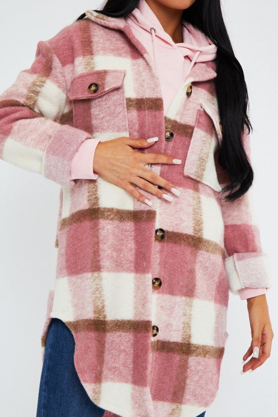 Clothing Rebellious Fashion | Pink Checked Pocket Front Shacket - Dalani