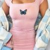 Clothing Rebellious Fashion | Pink Ribbed Butterfly Bodycon Mini Dress - Yancy