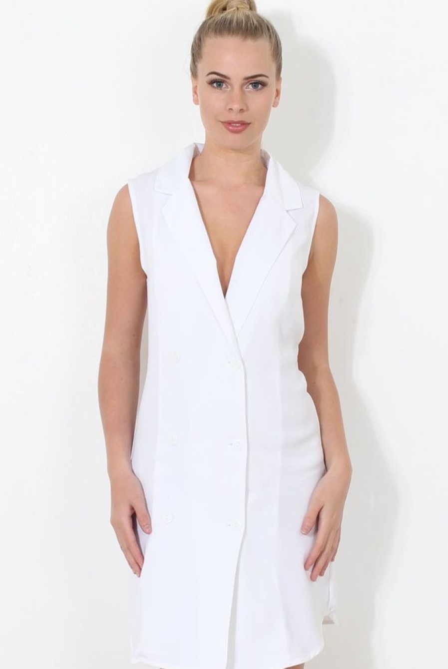 Clothing Rebellious Fashion | White Double Breasted Sleeveless Dress -Meg