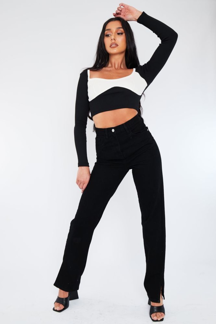 Clothing Rebellious Fashion | Black White Rib Cup Detail Crop Top - Saff