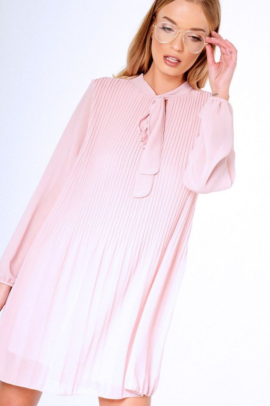 Clothing Rebellious Fashion | Pink Pleated Tie Neck Long Sleeve Swing Dress - Nickie