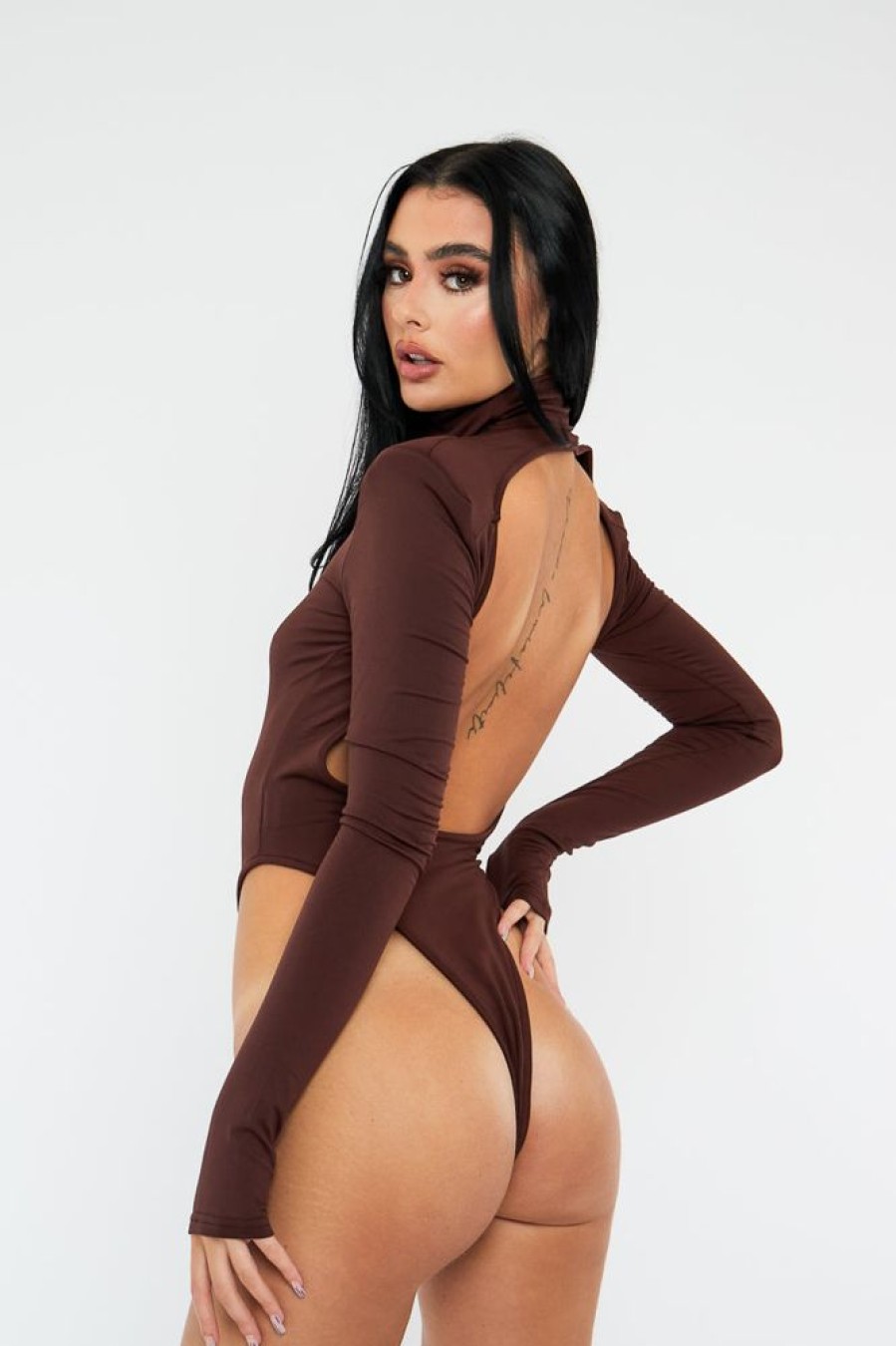 Clothing Rebellious Fashion | Chocolate Backless High Neck Bodysuit - Tilli