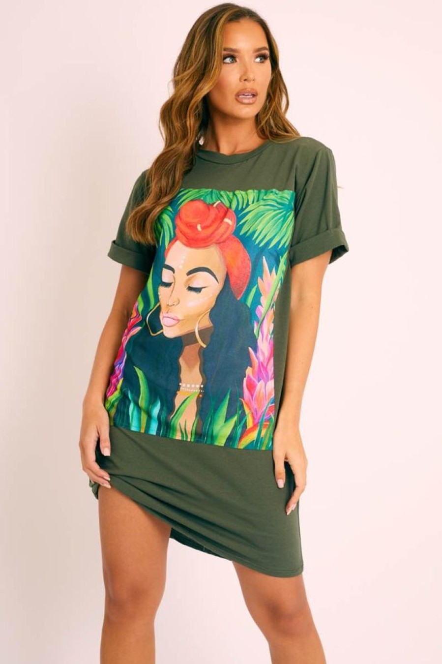 Clothing Rebellious Fashion | Khaki Graphic Printed T-Shirt Dress - Meeka