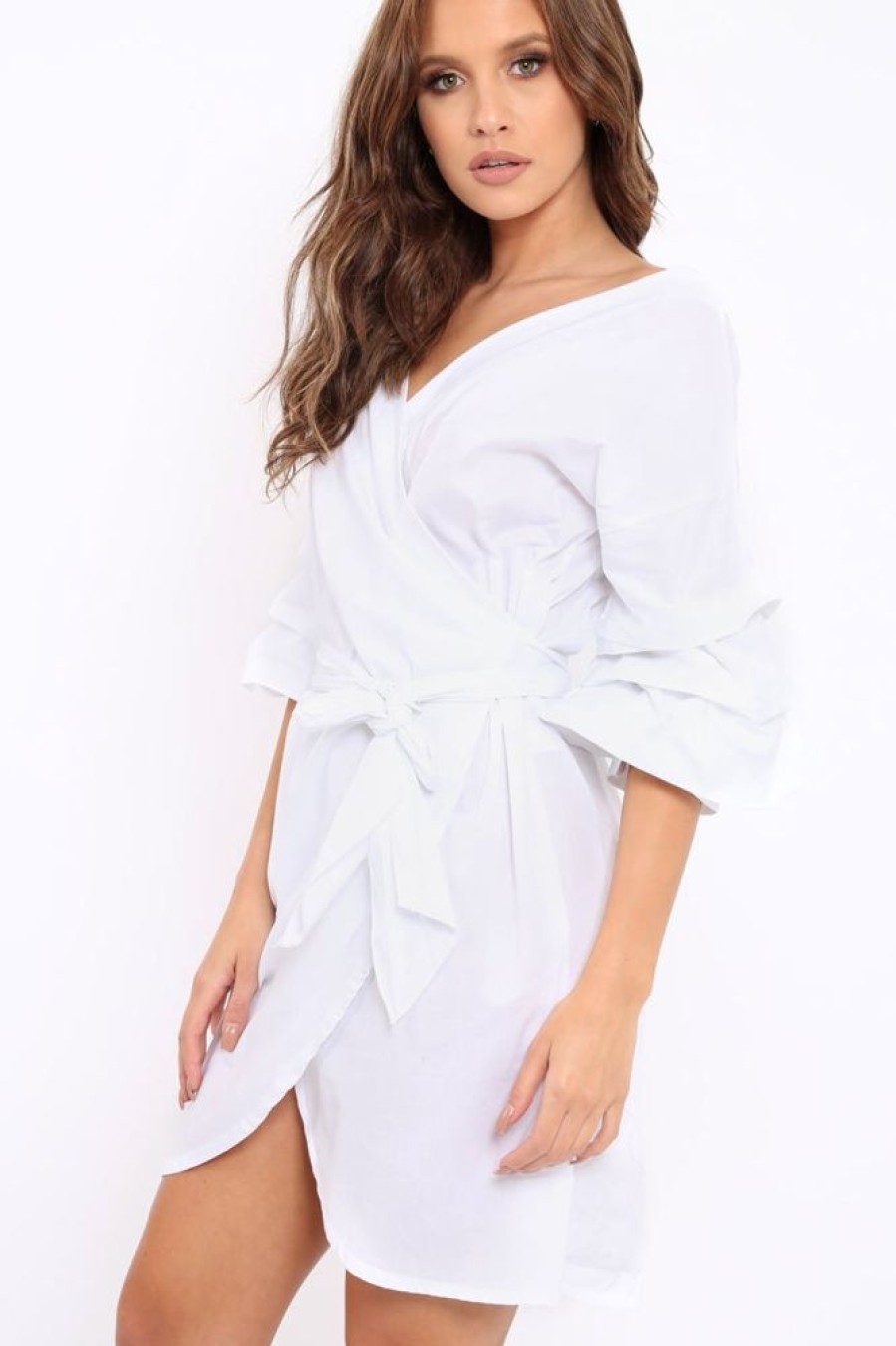 Clothing Rebellious Fashion | White Ruched Sleeve Wrap Around Dress - Marly