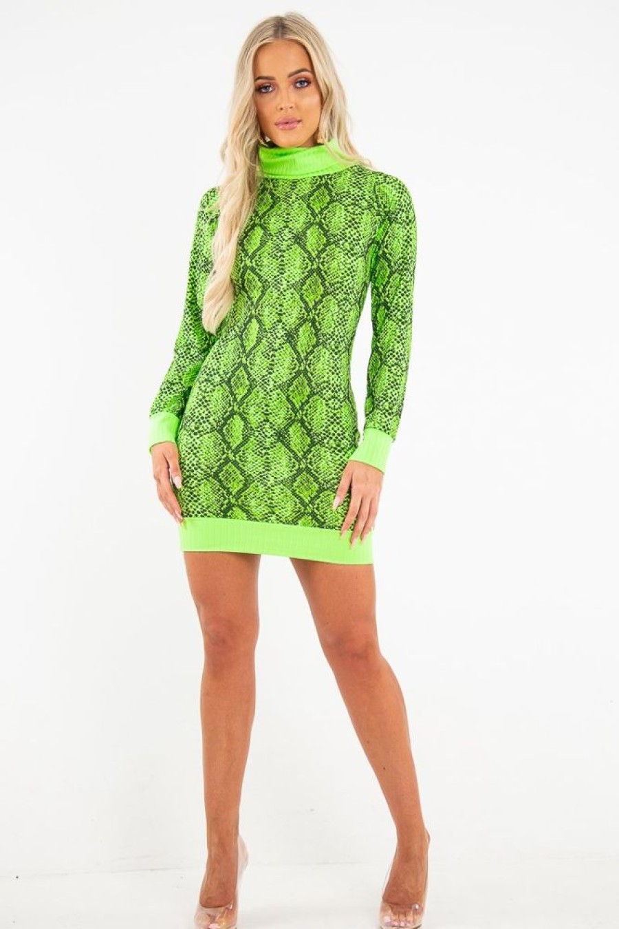 Clothing Rebellious Fashion | Lime Snake Print Roll Neck Mini Jumper Dress - Azani