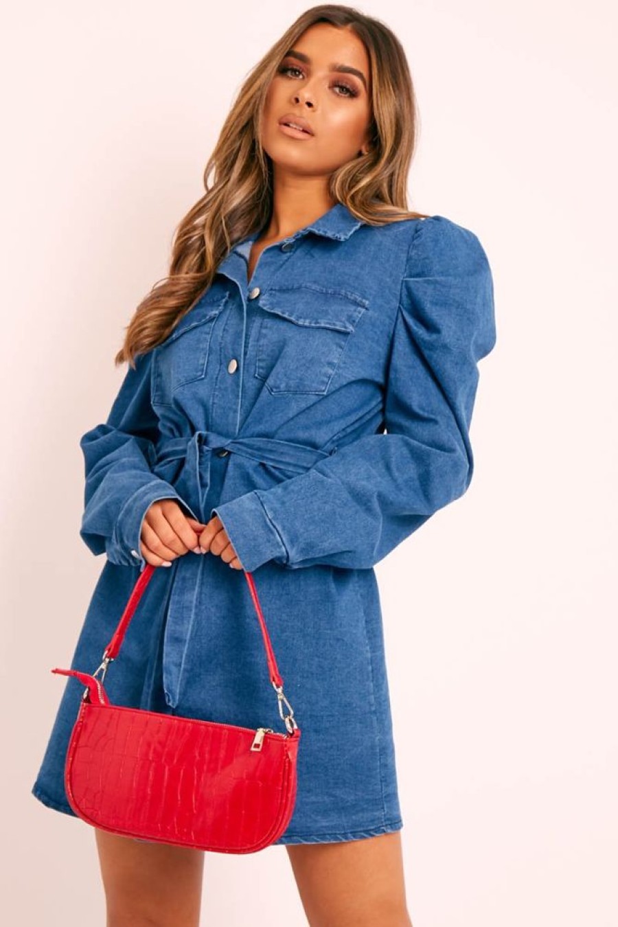 Clothing Rebellious Fashion | Blue Denim Puff Sleeve Belted Shirt Dress - Feyza