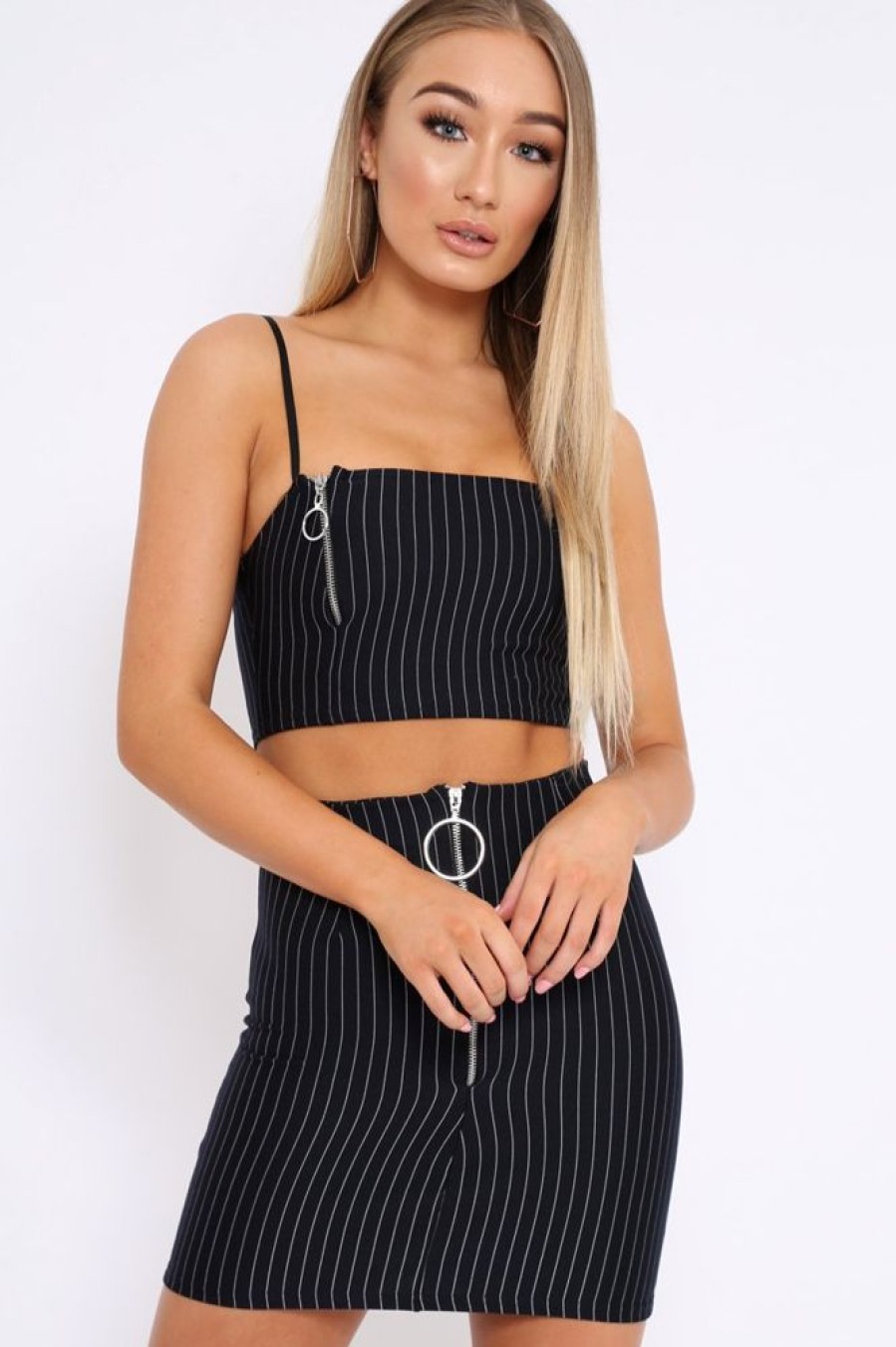 Clothing Rebellious Fashion | Black Stripe Crop Top And Skirt Co-Ord - Edina