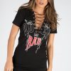 Clothing Rebellious Fashion | Black Lace Up Front Rad Graphic T-Shirt Dress - Sammi