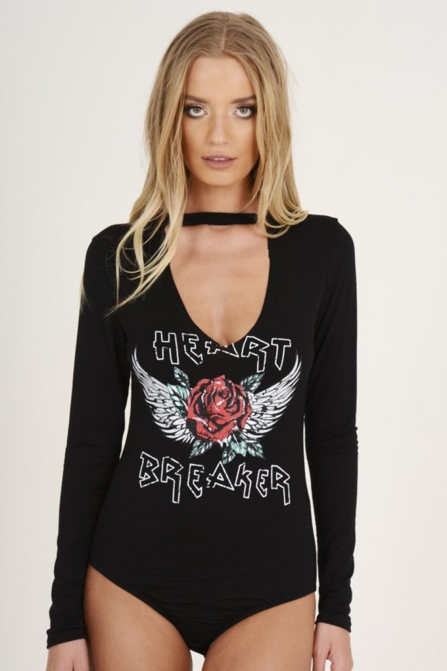 Clothing Rebellious Fashion | Black Heart Breaker Slogan Bodysuit - Beverly