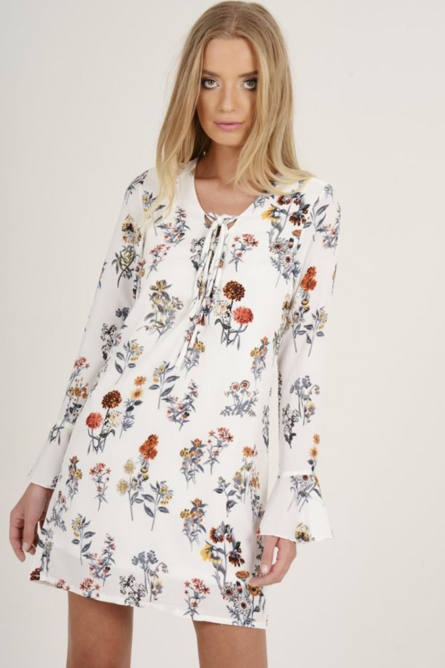 Clothing Rebellious Fashion | White Floral Flared Sleeve Dress - Aisha