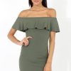 Clothing Rebellious Fashion | Khaki Bardot Frill Midi Dress - Lily