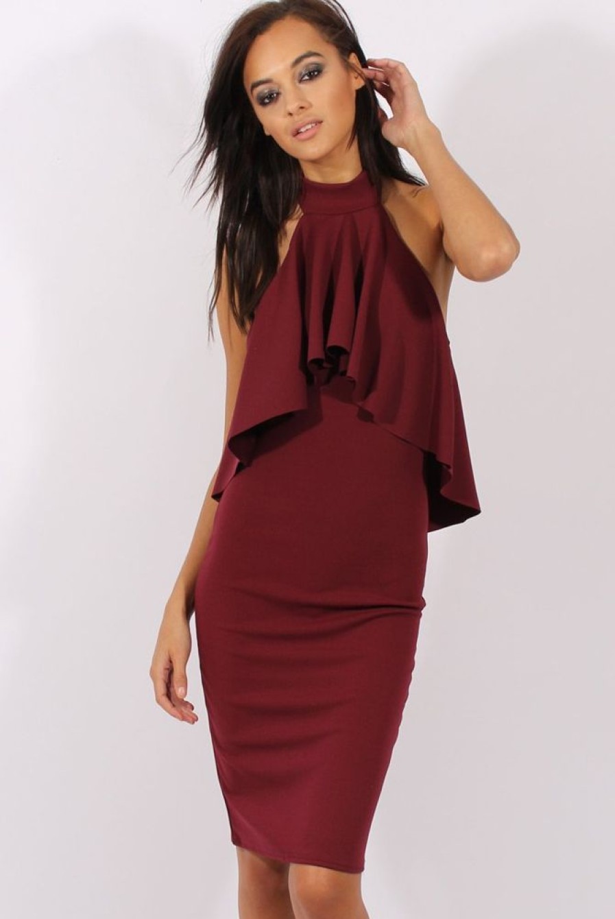 Clothing Rebellious Fashion | Wine Frill Choker Midi Dress - Angela