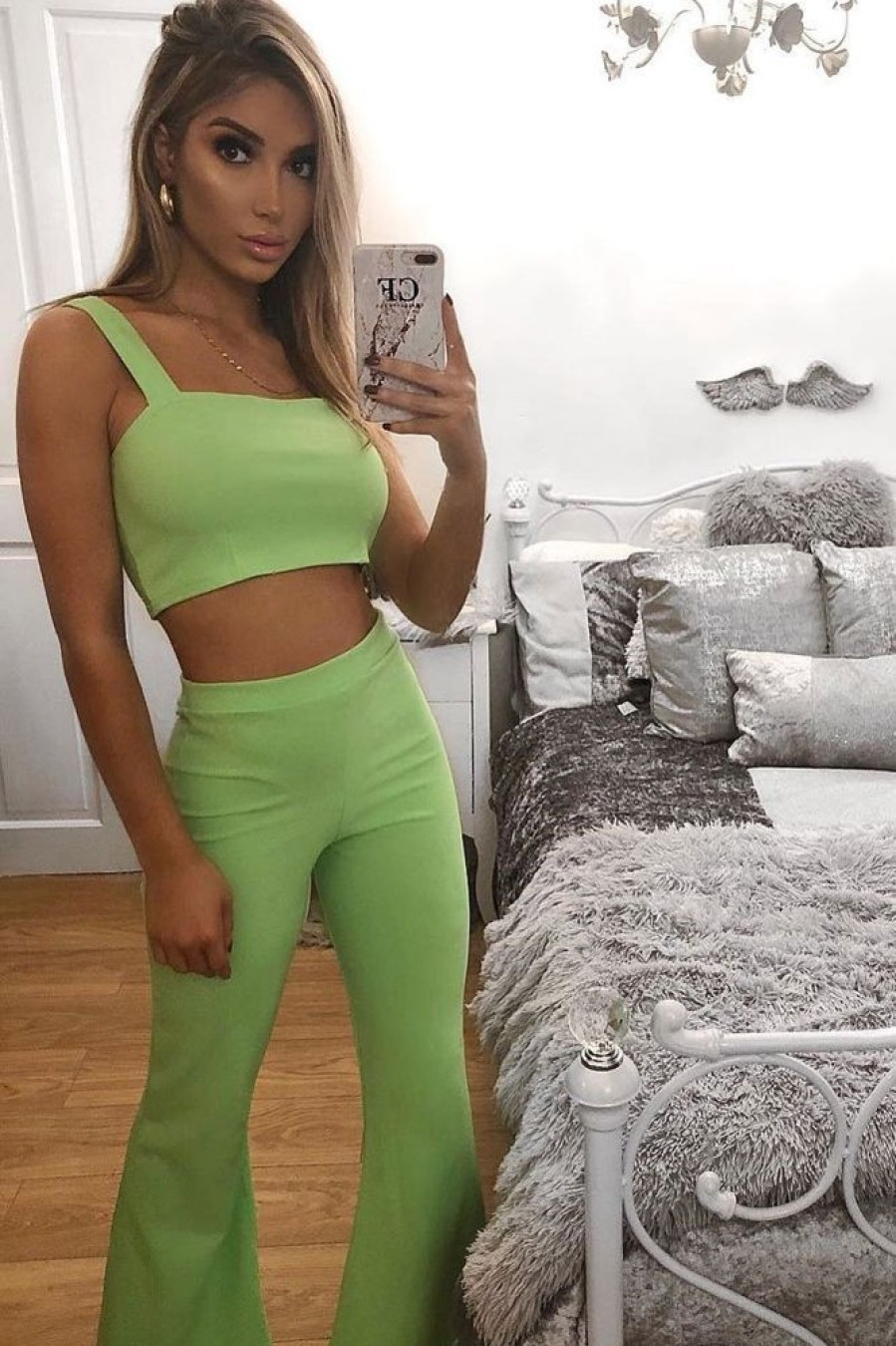 Clothing Rebellious Fashion | Neon Green Crop Top And Trousers Co-Ord Set - Kimmy