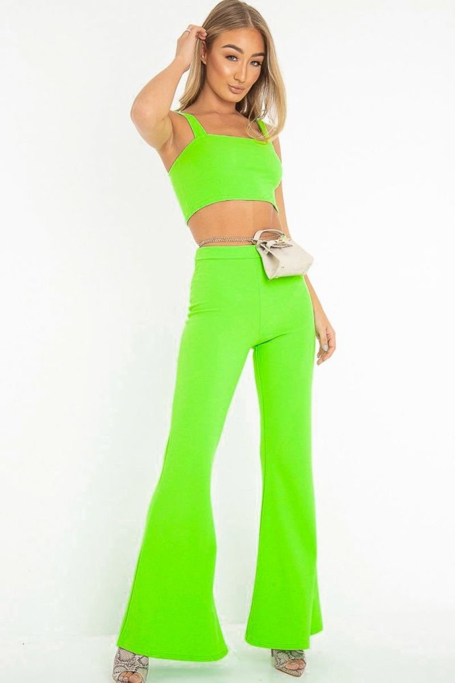 Clothing Rebellious Fashion | Neon Green Crop Top And Trousers Co-Ord Set - Kimmy