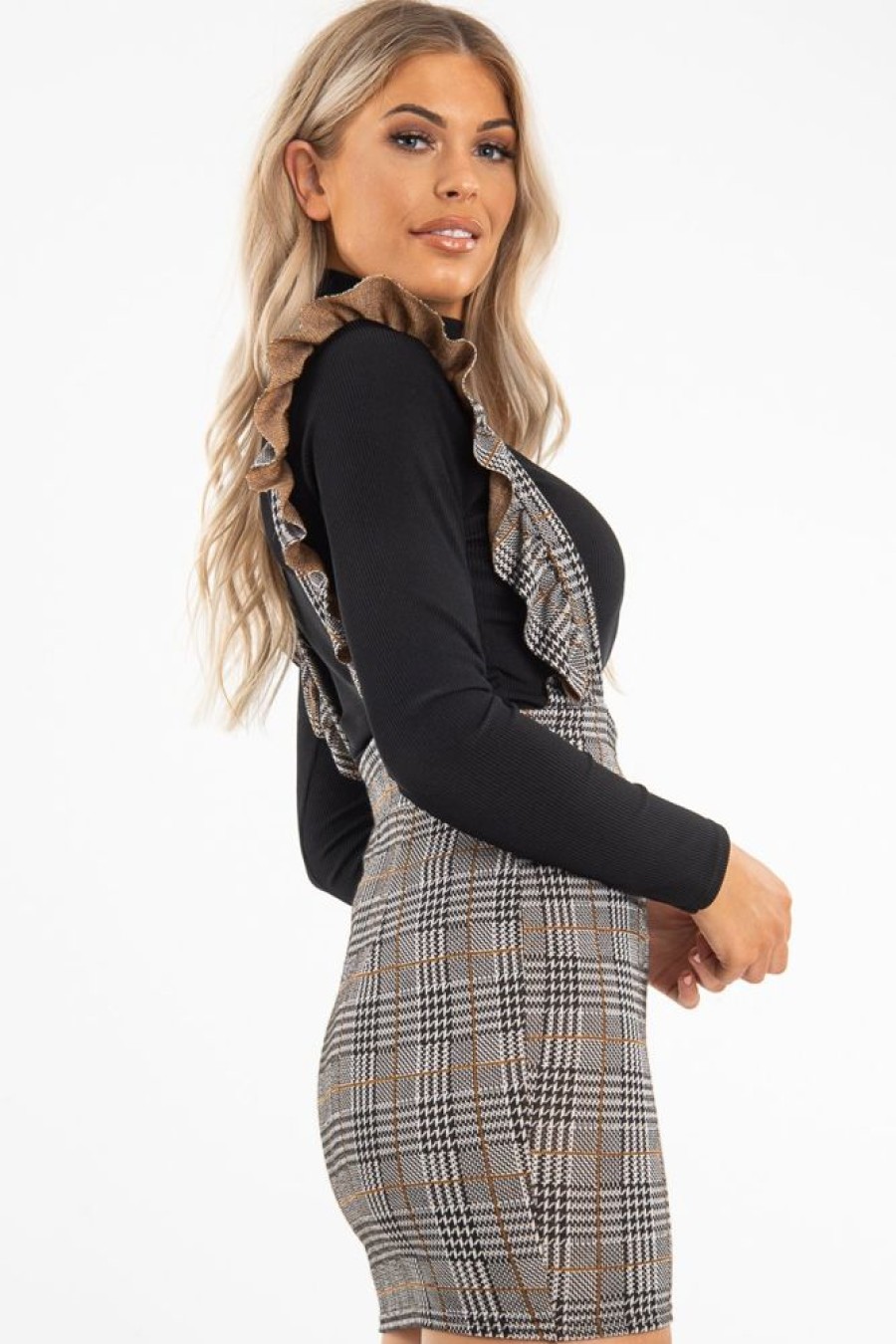 Clothing Rebellious Fashion | Black Brown Check Knitted Ruffle Pinafore Dress - Vina