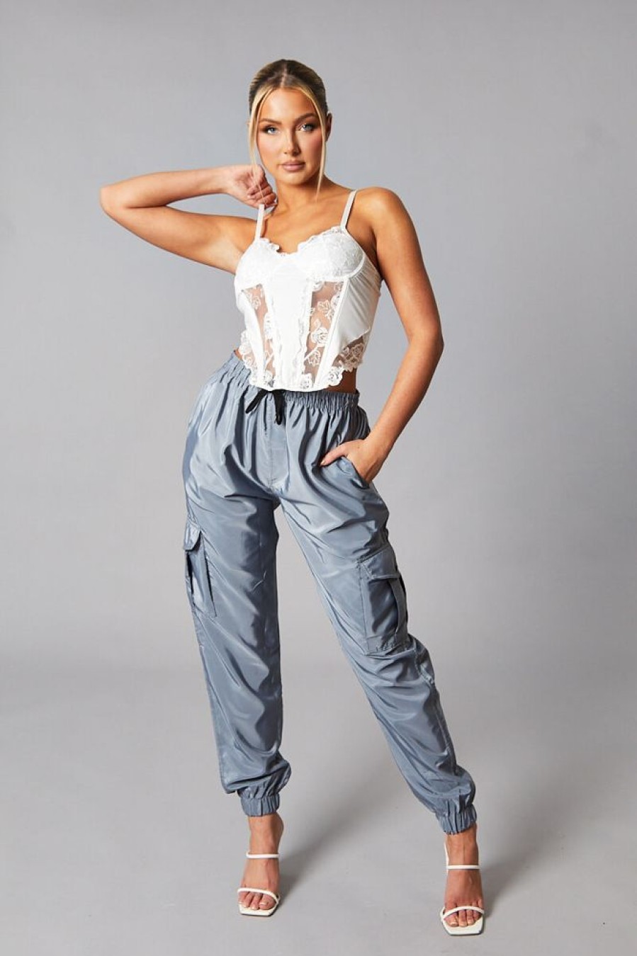 Clothing Rebellious Fashion | Grey Cuffed Hem Shell Cargo Joggers - Iris