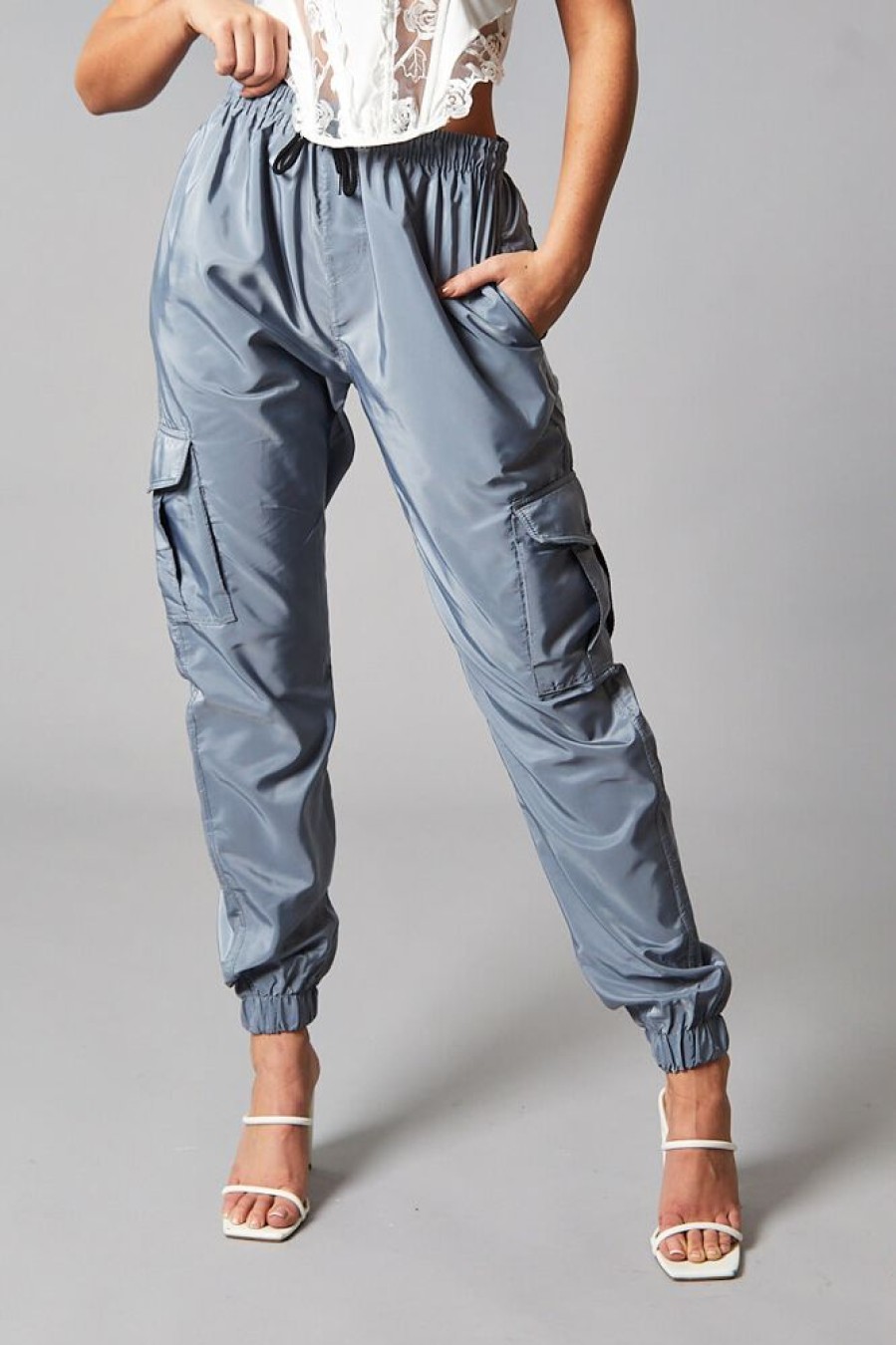 Clothing Rebellious Fashion | Grey Cuffed Hem Shell Cargo Joggers - Iris