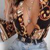 Clothing Rebellious Fashion | Black Scarf Print Plunge Bodysuit - Cindy-Lou