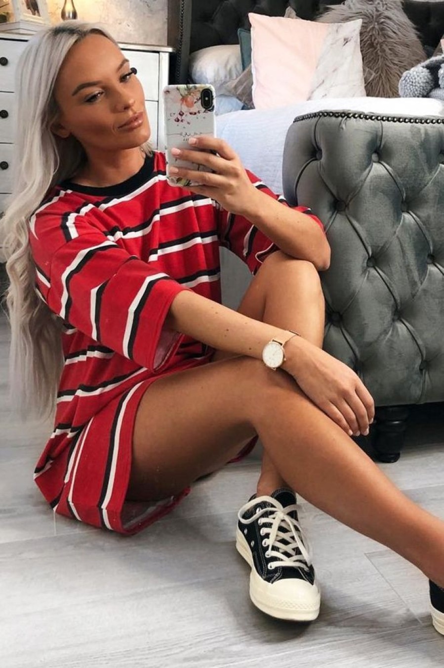 Clothing Rebellious Fashion | Red Black Stripe Oversized T-Shirt Dress - Rayelle