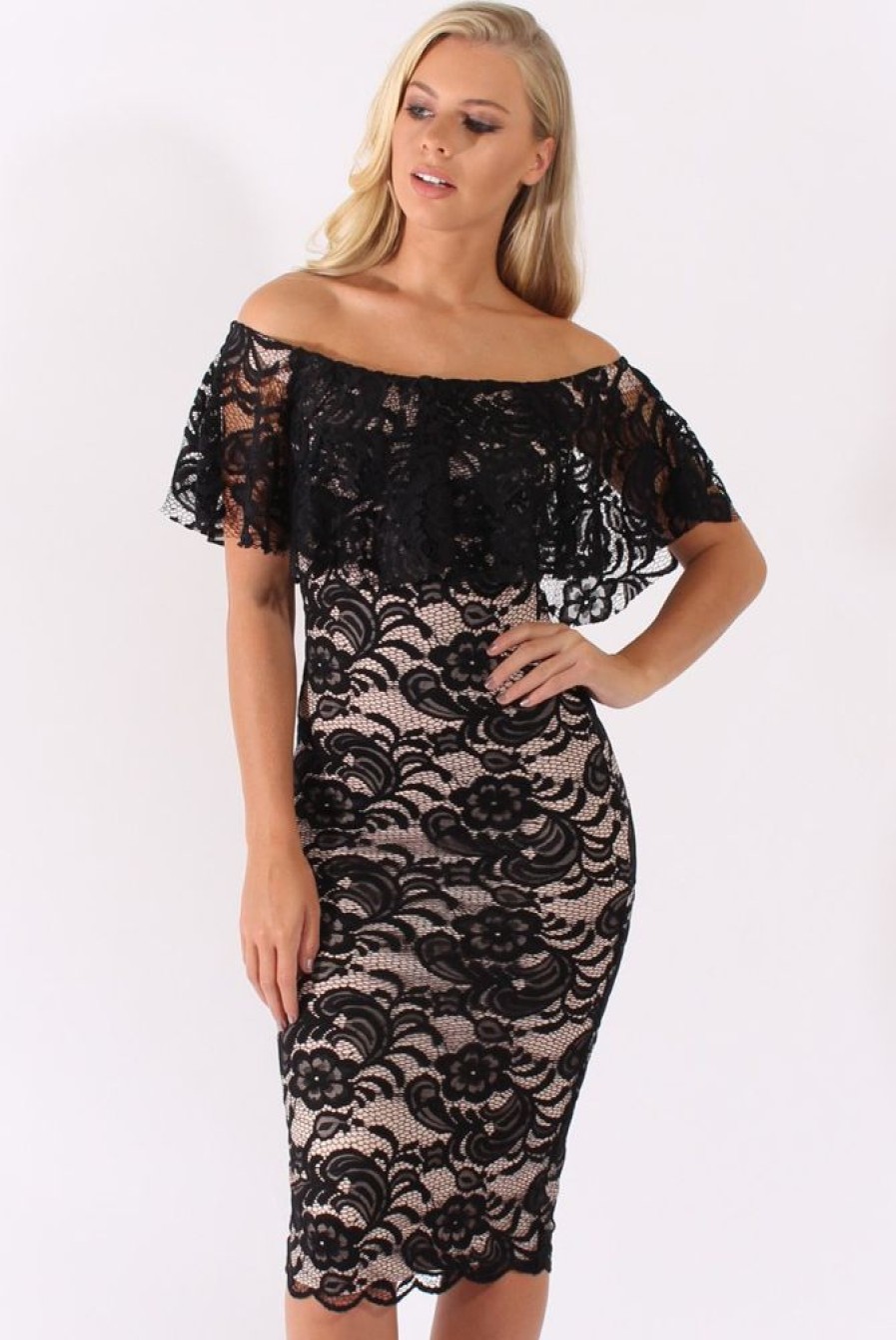 Clothing Rebellious Fashion | Black Lace Bardot Frill Midi Dress - Keysha