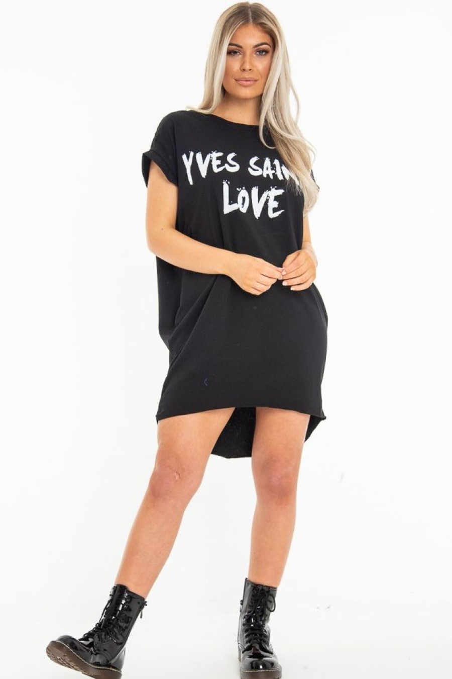 Clothing Rebellious Fashion | Black Yves Saint Love Printed Slogan T-Shirt Dress - Jamey