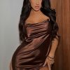 Clothing Rebellious Fashion | Brown Satin Ruched Side Slip Bodycon Dress - Davie