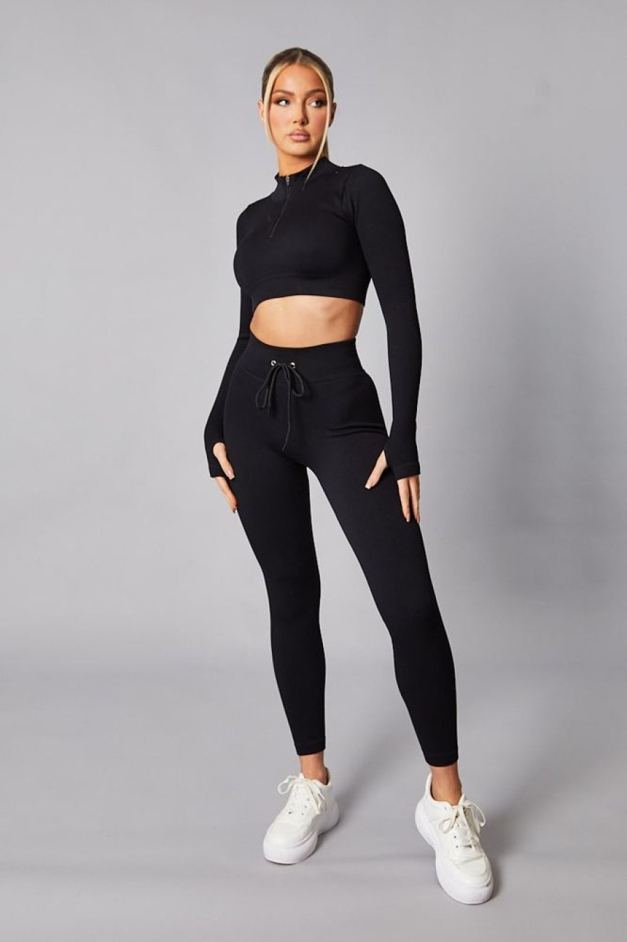 Clothing Rebellious Fashion | Black Rib Knit Zip Front Crop Top & Leggings Set - Nico