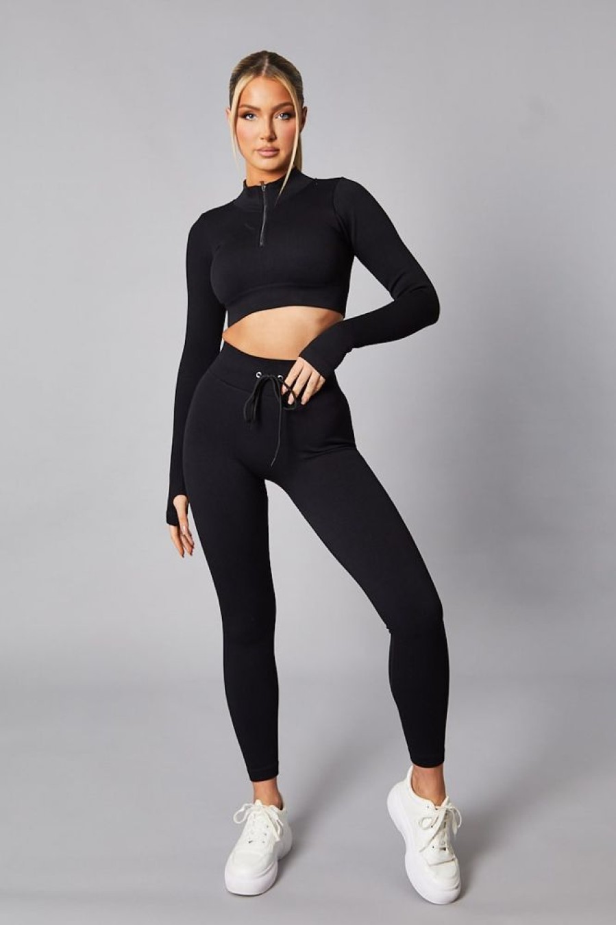 Clothing Rebellious Fashion | Black Rib Knit Zip Front Crop Top & Leggings Set - Nico