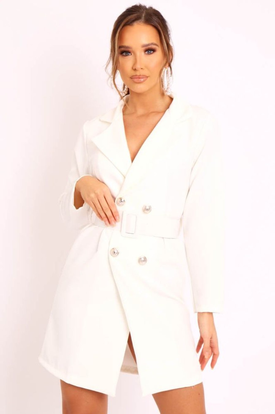 Clothing Rebellious Fashion | Cream Silver Button Belted Blazer Dress - Hattie