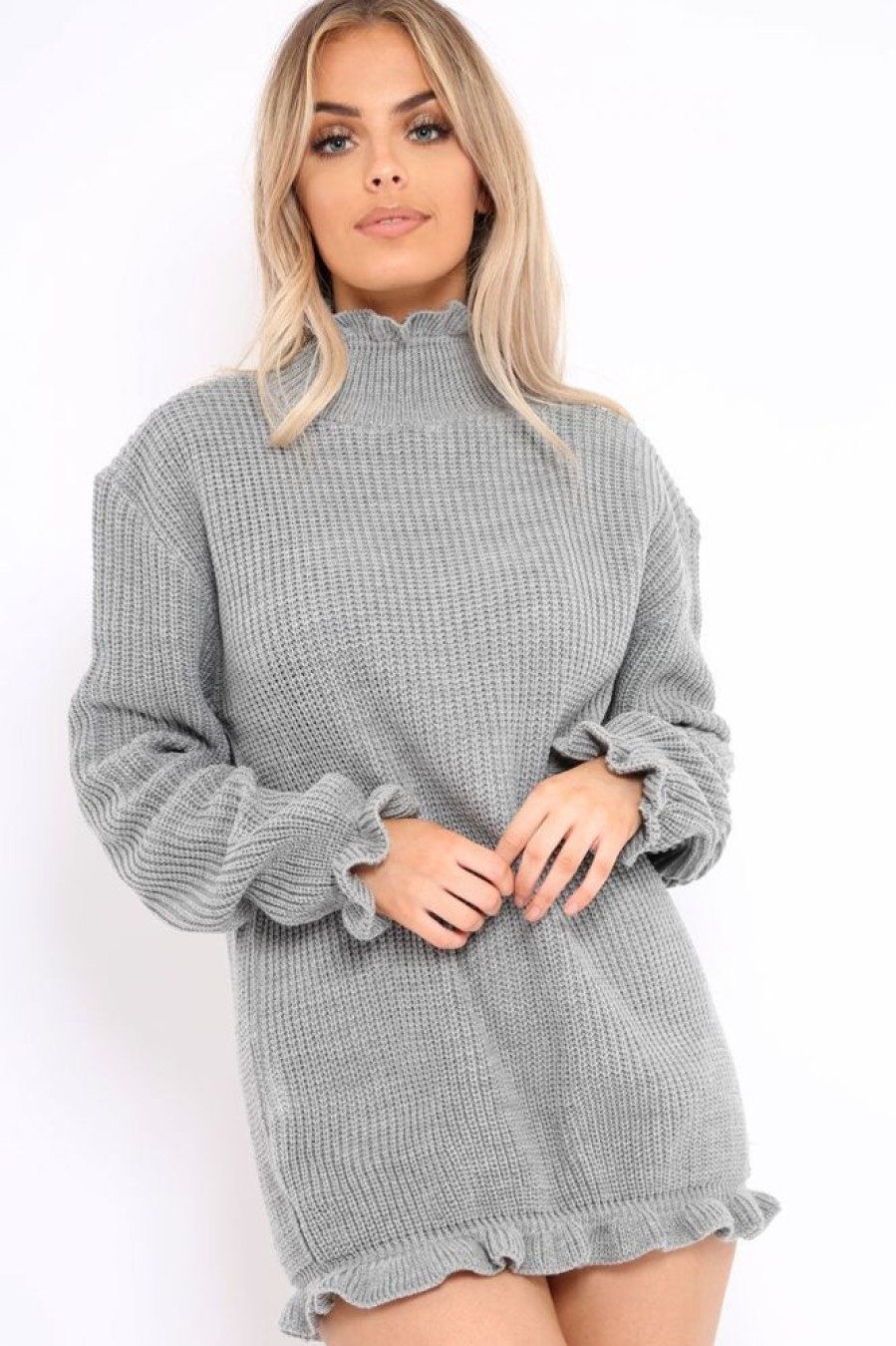 Clothing Rebellious Fashion | Grey Knitted Ruffle Jumper Dress With Elasticated Hems - Velma