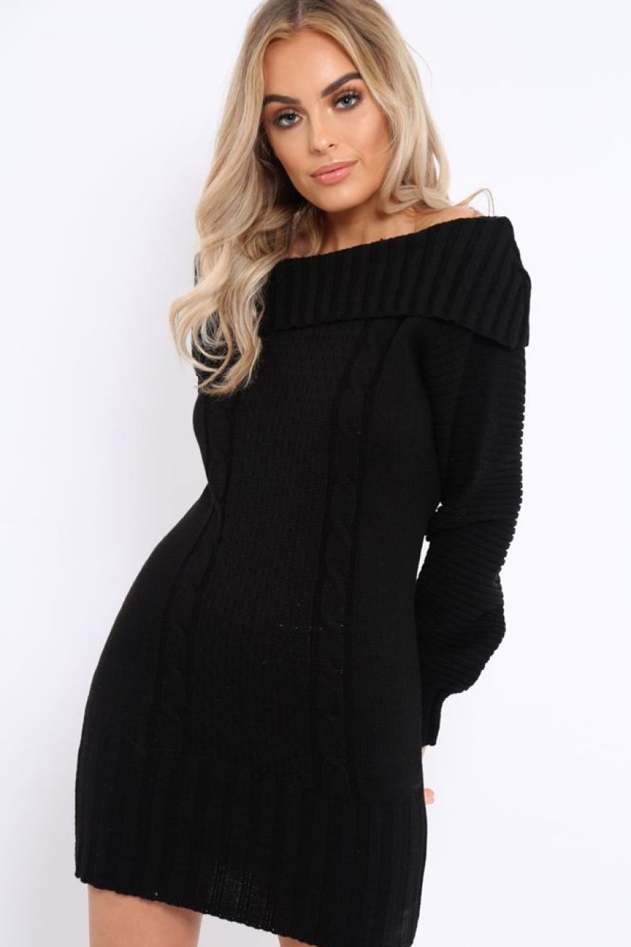 Clothing Rebellious Fashion | Black Bardot Chunky Knit Jumper Dress - Kaidyn