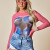 Clothing Rebellious Fashion | Pink Abstract Body Print Long Sleeve Bodysuit - Elena