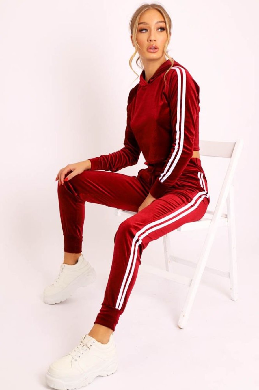 Clothing Rebellious Fashion | Wine White Stripes Velvet Hoodie And Joggers Co-Ord - Matie